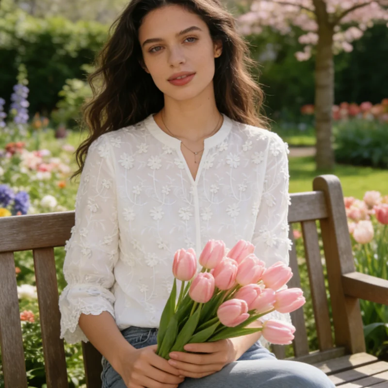 

2026 New Stylish Elegant Women's Shirts Fashion Embroidered White Woman Blouse Floral Half Sleeve Tops Casual Clothing