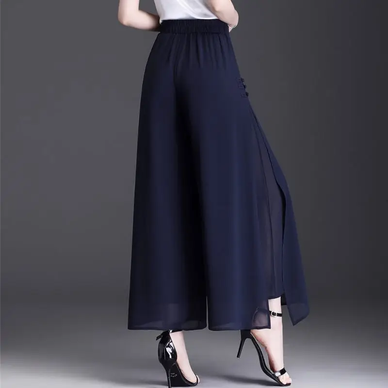 Spódnico-spodnie damskie z wysokim stanem, w kształcie litery A, midi, letnie, cienkie, szyfonowe, z szerokimi nogawkami, zwiewne, długość 7/8, styl koreański, do pracy.