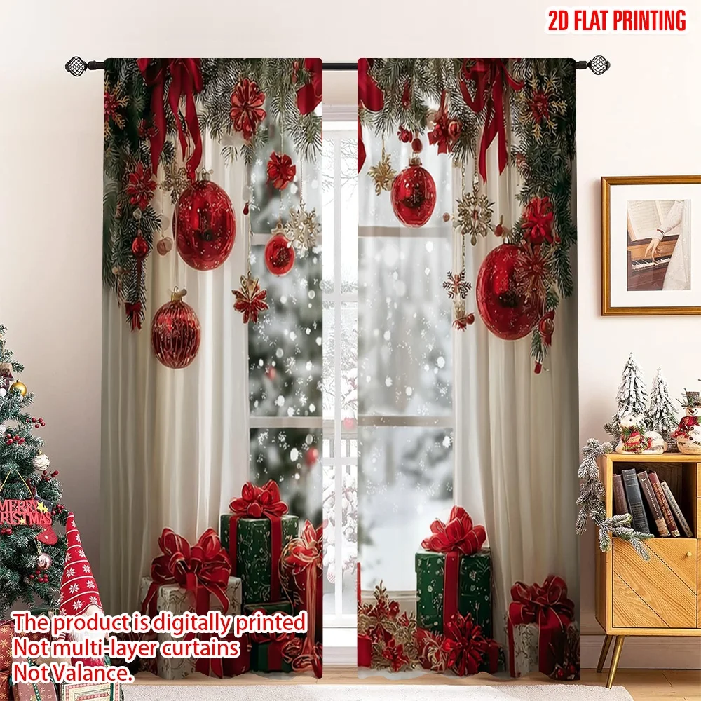 2pcs 2D flat printing Merry Christmas Trendy Curtains Gift Ball Snowflake Bow Winter Scene Red and Green scopic and stylish 100%