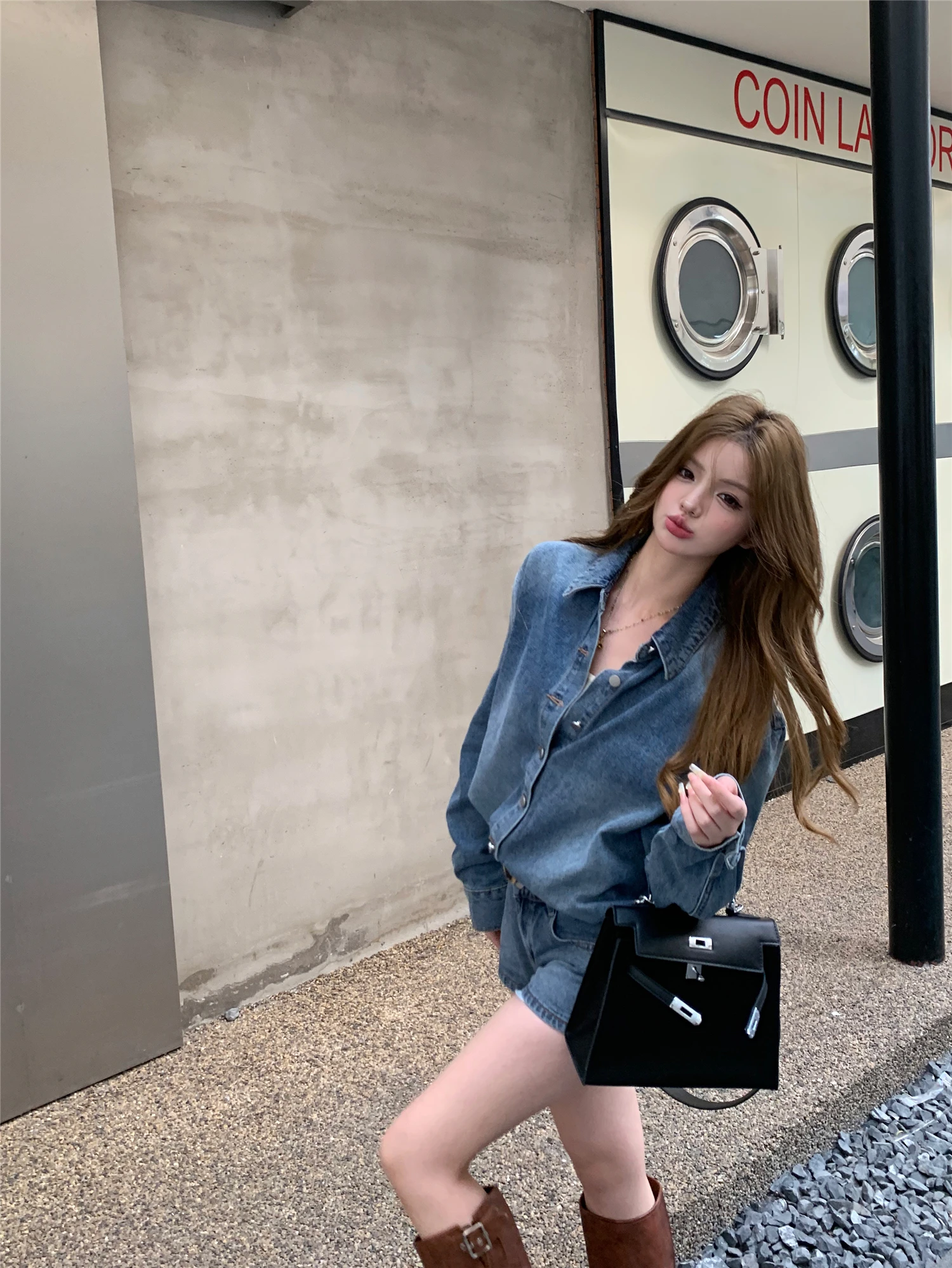 

Blue Waed Denim irt And ort Set Women's Faion Slimming Spring New Arrival Two-Piece Suit Vintage Sle Casual Wear