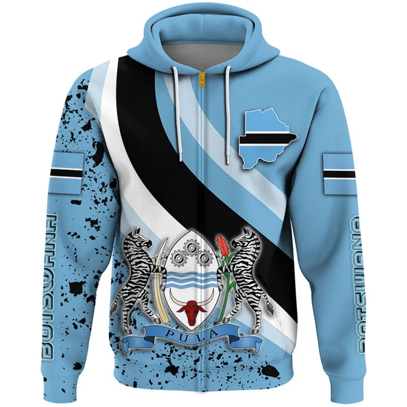 

Botswana Flag Pattern Zip Hoodies For Men Retro 3D Printed Sweatshirts Autumn Casual Oversized Kids Zipper Pullover Long Sleeves