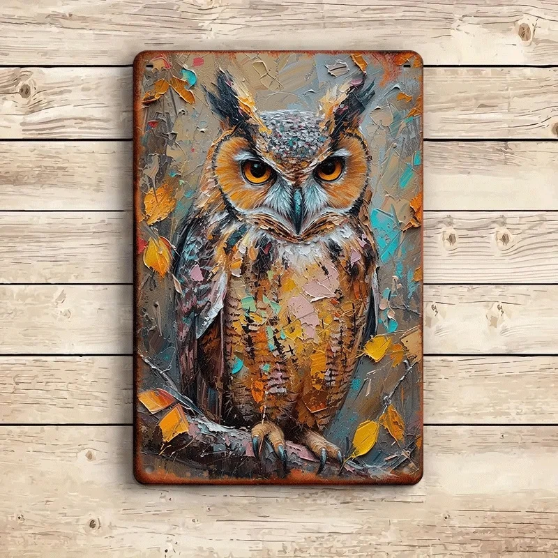 1PC Vintage Owl Oil Painting Metal Iron Sign Home Bar Cafe Garage Decor 8x12 Inch with Pre-drilled Hooks Waterproof Easy To Hang