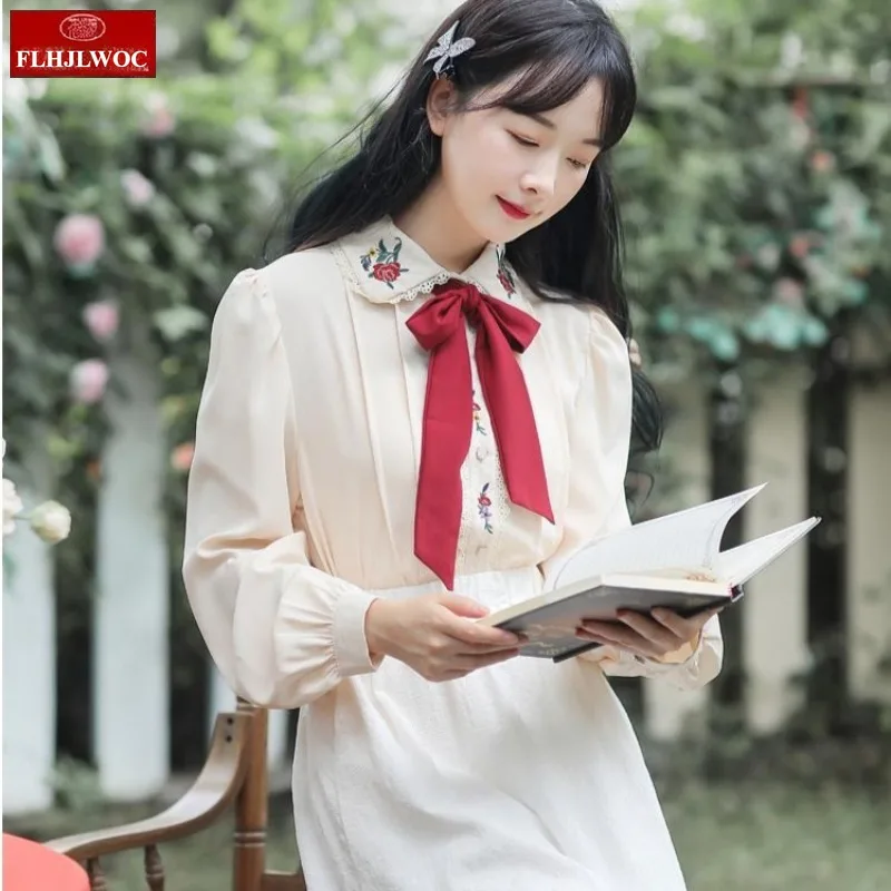 Retro Vintage Chic Y2K Tops Cute Sweet Korea Japan Style FLHJLWOC Design 2025 Autumn Long Sleeve Women Basics Bow Tie Shirt