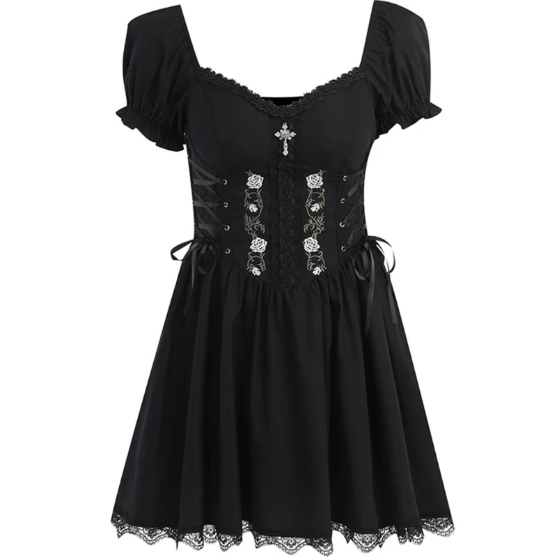 Phụ Nữ Gothic Punk Vintage Đầm Dự Tiệc Băng Miếng Dán Cường Lực Phối Ren Dây CorsetDress