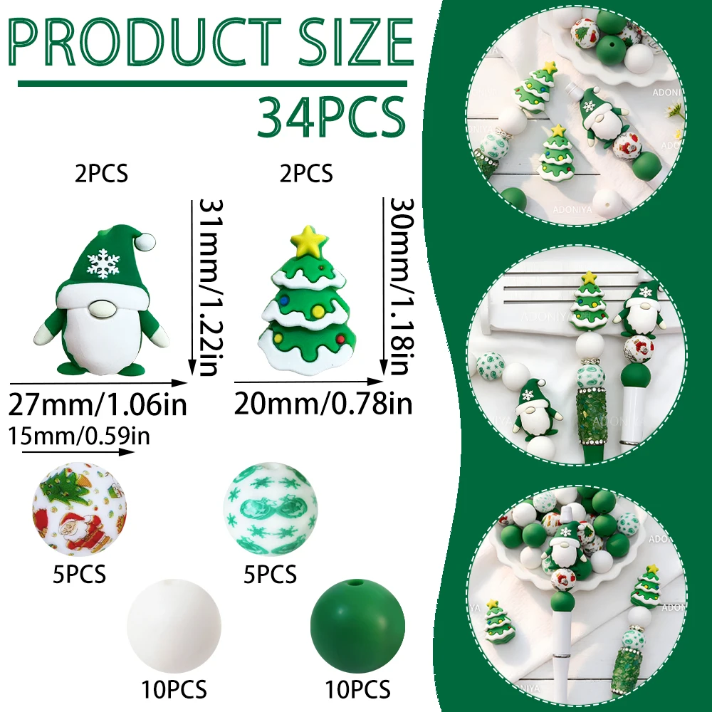 34-teiliges Set mit roten und grünen Weihnachtsmützen-Silikonperlen, zum Basteln von Perlenketten, Armbändern, als Dekoration für Stifte, Schmuckanhänger usw. Geburtstagsgeschenk für die Feiertage – Detail 7
