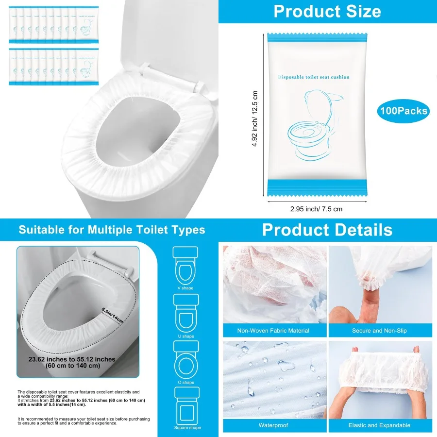 

100 Pack Disposable Toilet Seat Cover Waterproof NonWoven Fabric Disposable Toilet Seat Covers for Travel Outdoor Events Hotel