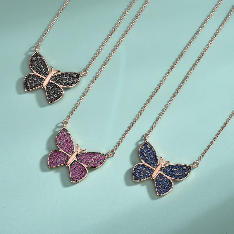 New S925 Sterling Silver With Full Of Diamonds Coloured Butterfly Necklace Pendant Female Collarbone Chain Ins Minimalist Models