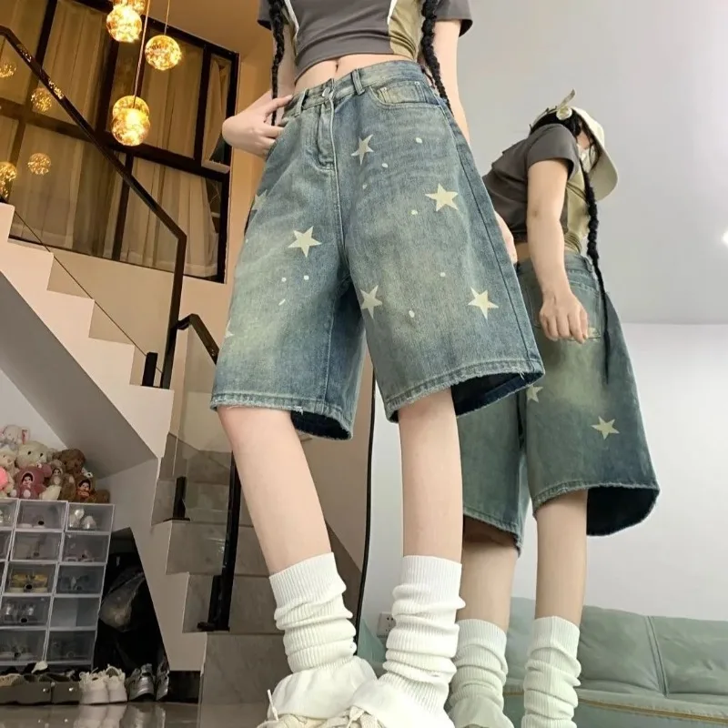 Summer Women's Denim Pants High Waist American Retro Wide Leg Shorts Jeans Knee Length Blue Denim Shorts Female Korean Fashion