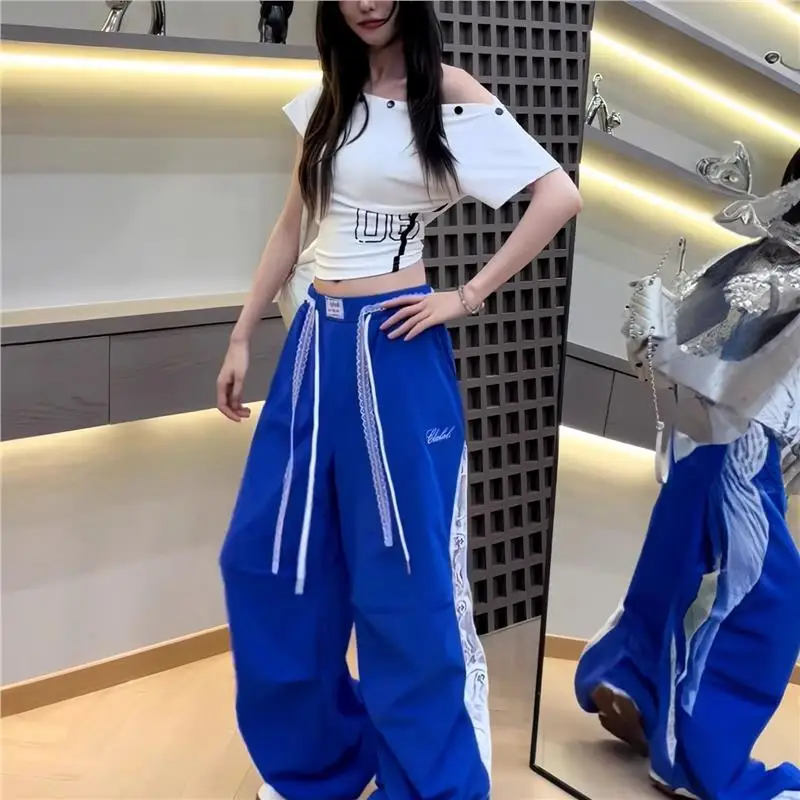 Trendy American Klein Blue Splicing Lace Design Thin Quick Dry Work Pants Sports Wide Leg Casual Paratrooper Pants