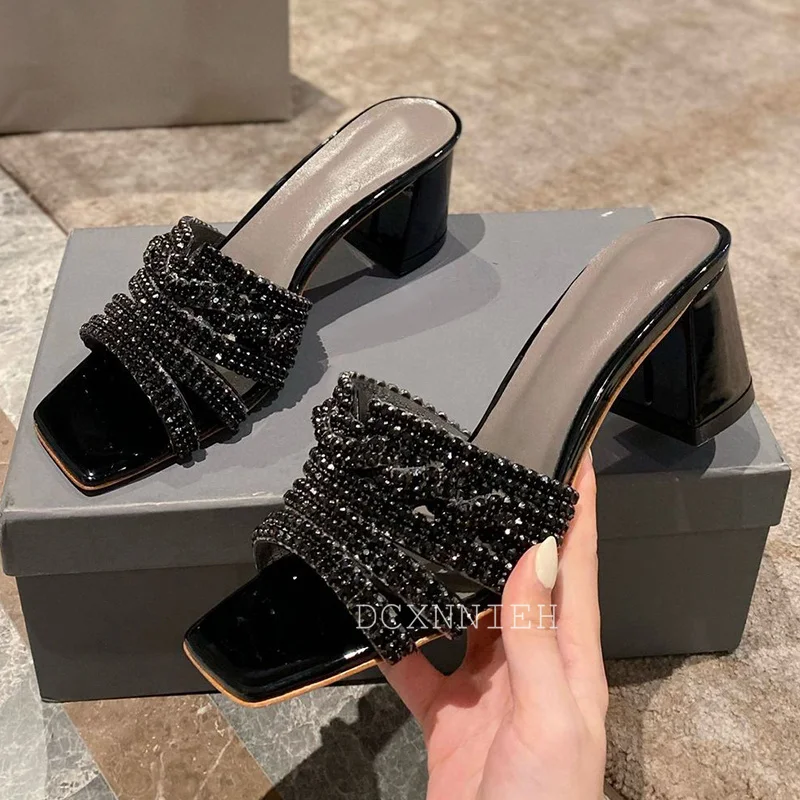 New Rhinestone Decor Thick Heel Slippers Women\'s One Strap Solid Color Open Toe Sandals Summer Sexy Party Dress Shoes Pumps