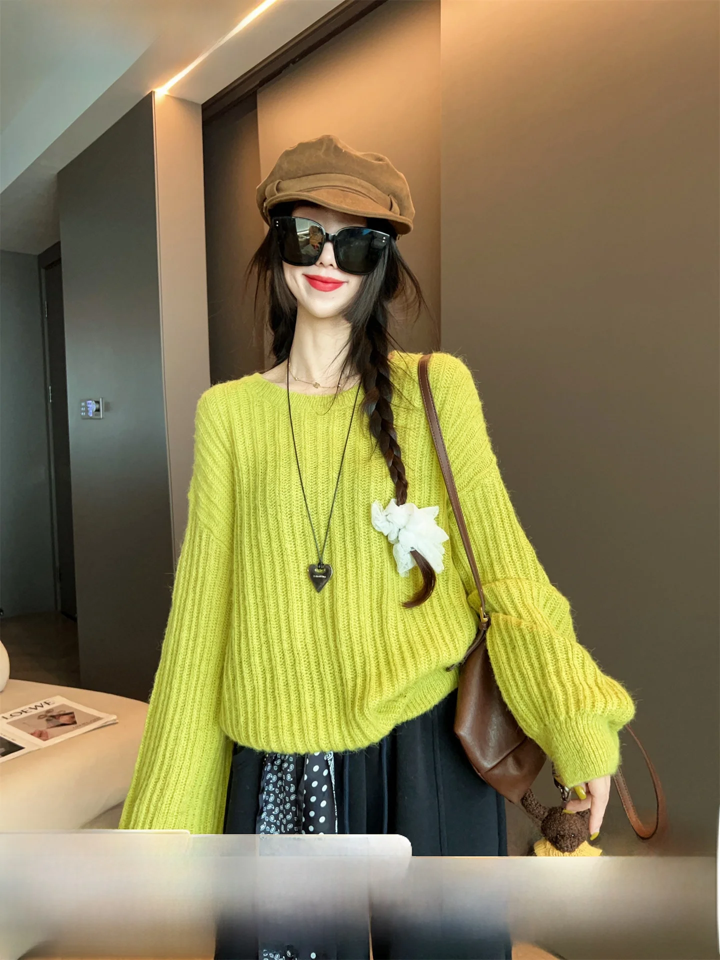 

Модный цветной женский свитер оверсайз, осень 2025, теплый, с длинными рукавами, круглым вырезом, цельный.