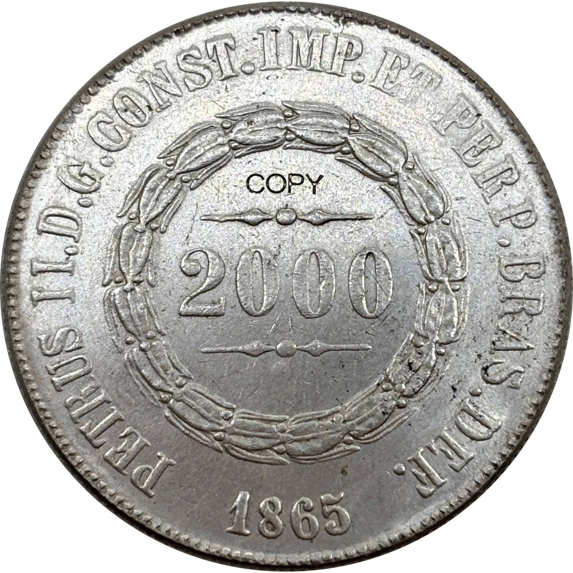 Moeda Comemorativa Banhada a Prata Brasil 1865 2000 Reis Pedro II Graça de Deus - Réplica para Coleção
