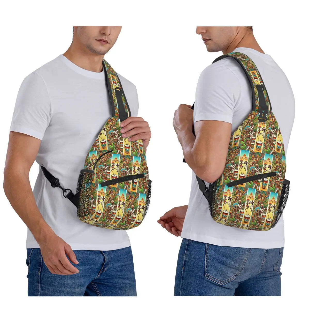 Bolso de pecho tribal con diseño de tambor africano para hombre, mochila cruzada tipo bandolera, bolso de pecho para viajes, senderismo, mochila de día, bolso de hombro