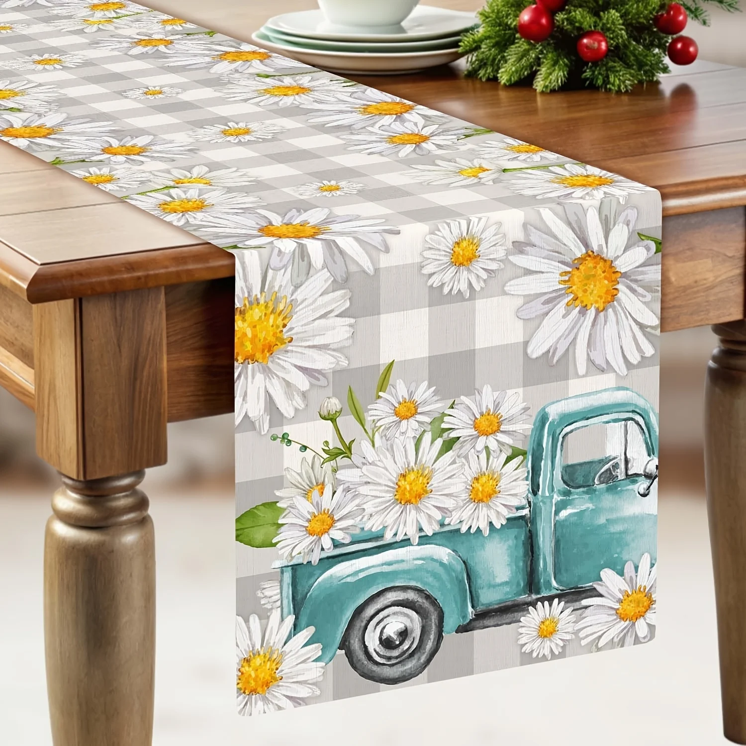 Daisy Truck Gingham Table Runner 2D Single Print Fresh Durable Table Runner Home Dining Room Kitchen Party Farmhouse Vibe Decor