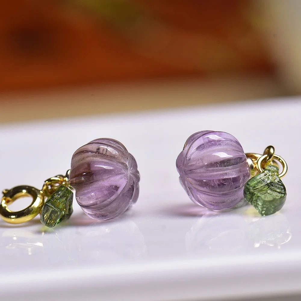 6PCS Natural Amethyst Pumpkin Pendant Crystal Carving Children Cute Jewelry Healing Holiday Gift 10MM