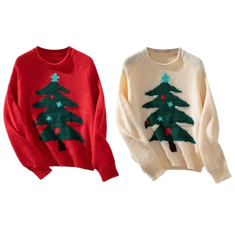 Women's Christmas Tree Pattern Pullover Sweater with Round Neck for Holiday Parties Long Sleeve Knit Loose Jumper Top