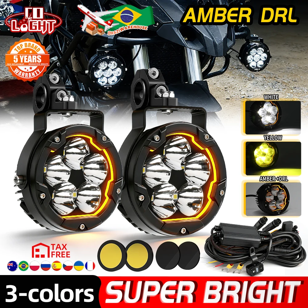 Image of CO LIGHT 4-Zoll Motorrad-Zusatzscheinwerfer Spot Flood Blinkleuchten für Offroad-Einsatz Runde Leuchte mit Bernsteinfarbenem Tagfahrlicht 12V 24V