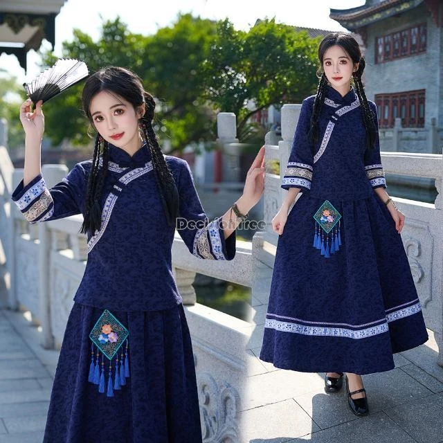 2025 chinese retro national style stand collar cheongsam button tang suit blouse loose elastic waist skirt 2piece printed set
