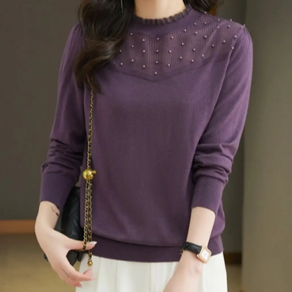 

Women's Imitation Wool Lace Knitted Shirt Early Spring Western Style High-grade Beaded Base Top Thin Knitwear