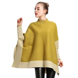 Frauen Frühling Herbst Pullover Schal Dame Gestrickte Streifen Wrap Fledermaus-flügel Hülse Rollkragen Pullover Lose Herbst Winter Poncho Mantel neue