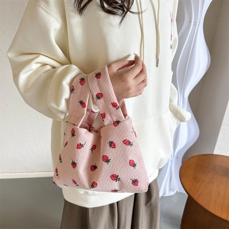 Japanese Aesthetic Tote Bag Corduroy Strawberry Pattern Wrist Bags High Quality Fashion Small Handbags Ladies Cute Armpit Purses