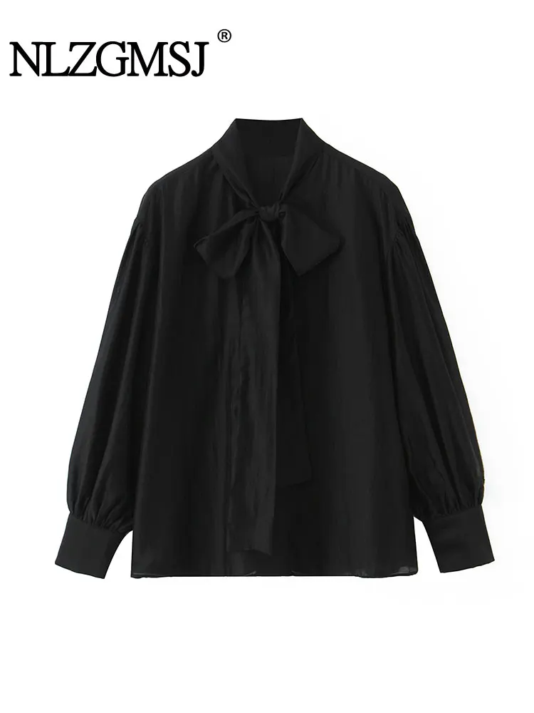 

NLZGMSJ 2025 Autumn Women Bow Decoration Shirt New Fashion Solid Color Long Sleeves Button Shirt Elegant Casual Shirt