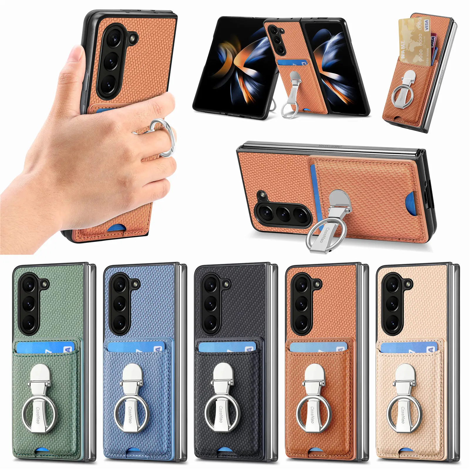 Fashion Multifunction Metal Rotating Ring Buckle Leather Case For Samsung Galaxy Z Fold 7 6 5 4 3 5G Card Slot Protector Cover