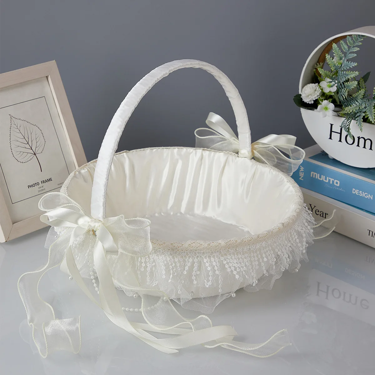 

ZML portable flower basket foldable lace storage large flower basket