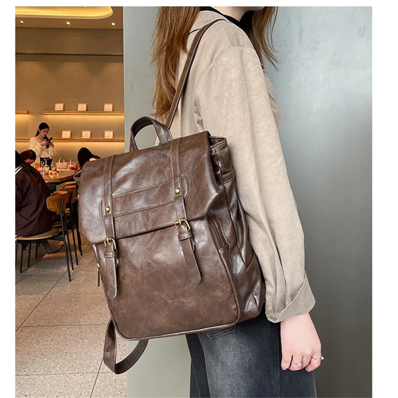 Nesitu High Quality Lightweight Vintage Coffee A4 PU Leather Men Women's Backpack Lady Girl Travel Bag M25792