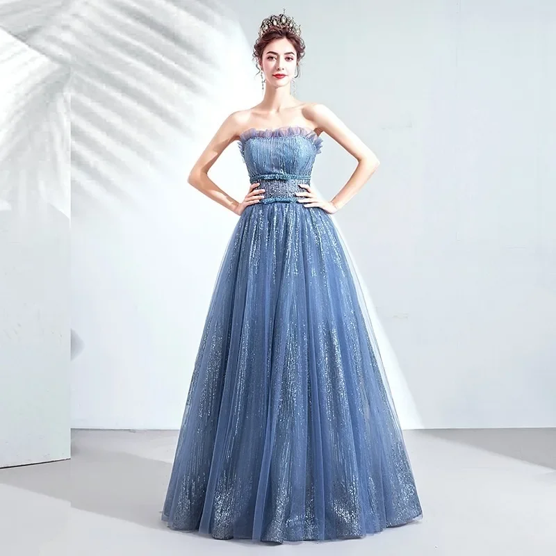 Blue Strapless Evening Gown, Banquet Stage Performance Costume, 2026 New Solo, Socialite Party, Art Exam Princess Dress