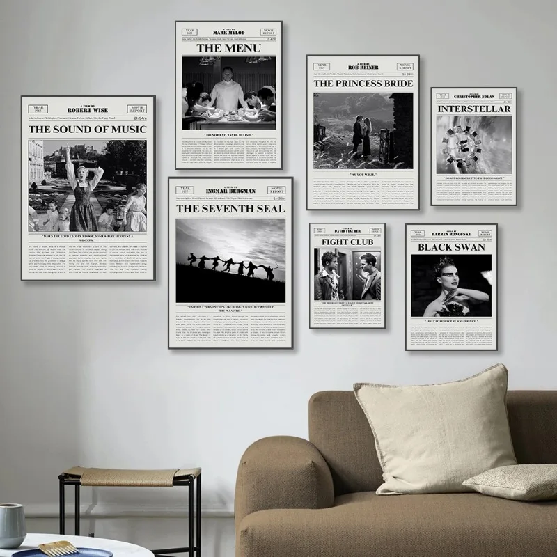 Impresión de película retro con diseño de periódico, póster de película The Menu/Lady Bird/Fight Club, impresión en lienzo en blanco y negro, arte de pared de película clásica de culto