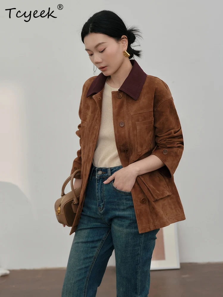 Tcyeek piel De oveja auténtica primavera otoño solapa De moda gamuza marrón chaqueta De cuero genuino para mujer chaqueta De cuero Legítimo femenina