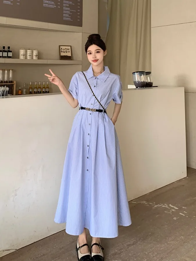 

Новое летнее женское платье больших размеров в студенческом стиле с полосатым воротником, коротким рукавом, А-образной юбкой и завышенной талией