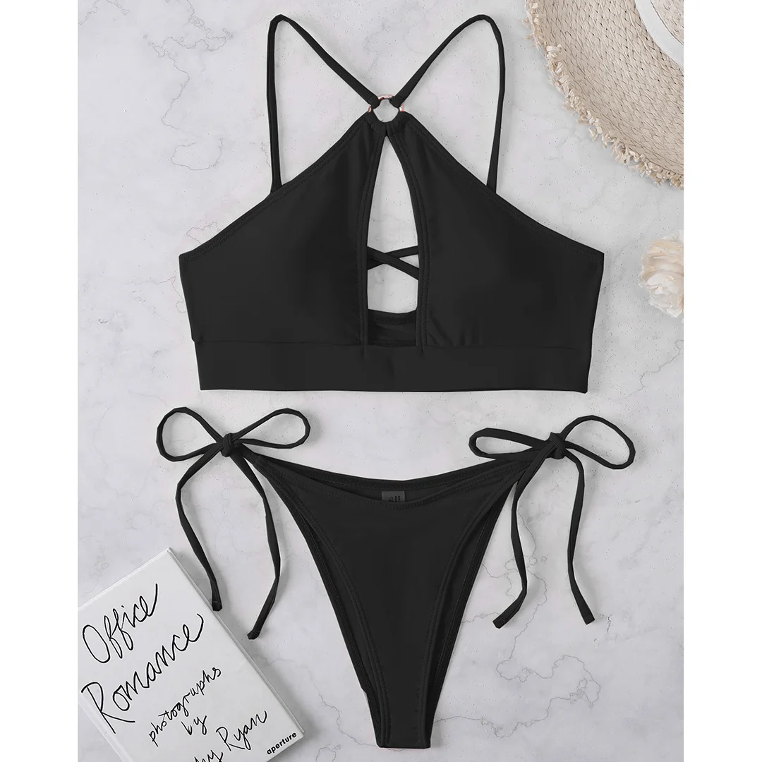 Ausgeschnittener Neckholder-Bikini, Damen-Badeanzug, zweiteiliges Bikini-Set, gepolstert, mit Trägern, Badebekleidung, Damen-Badeanzug, V3423 – Detail 38