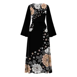 Ramadan Abaya Autumn Muslim Long Sleeve Islam Turkey Abaya Vestidos Vintage Casual Holiday Women Tunic Robe Floral Printed Dress