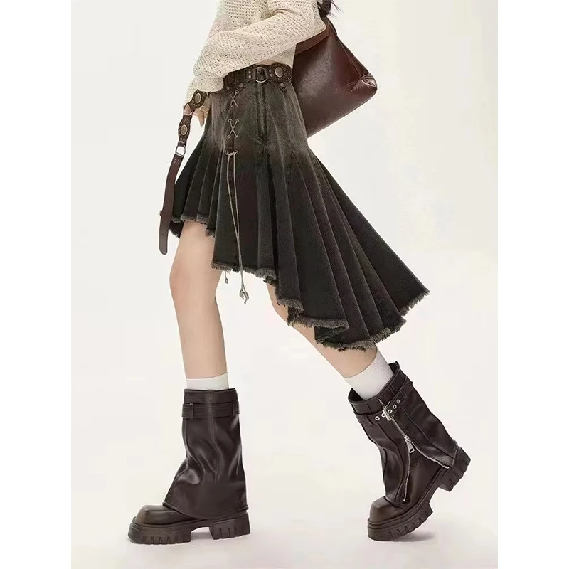 MEXZT Y2K 데님 미니 스커트 여성 하라주쿠 빈티지 비대칭 청바지 스커트 여름 Gyaru Grunge 2000S Bandage Pleated Faldas New