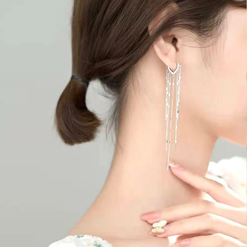 FLORATO 925 Sterling Silver Earrings Chain Tassel Pendant Earrings Zircon Silver Earrings for Women Trend Luxury Wedding Jewelry