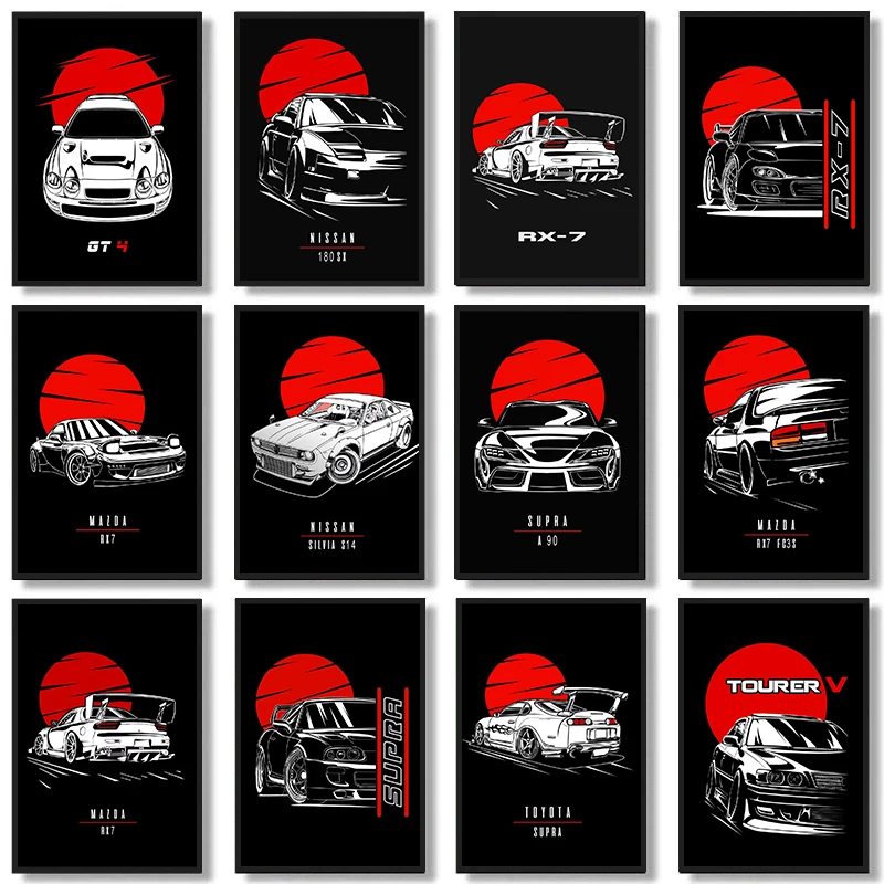 Japanese Car Nissan Skyline R34 Poster 80s Vintage GTR Car Mazda RX7 JDM Retro Wall Art Picture Canvas Painting Home Decoration