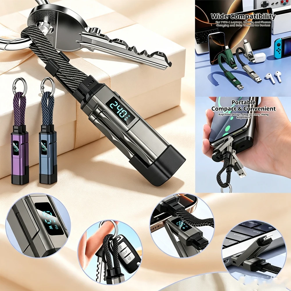 Hot/; New 4 in 1 65W* Keychain Charging Cable USB C Cable with V/A/W Display Type C for Portable Cord for Laptop Mobile Phone