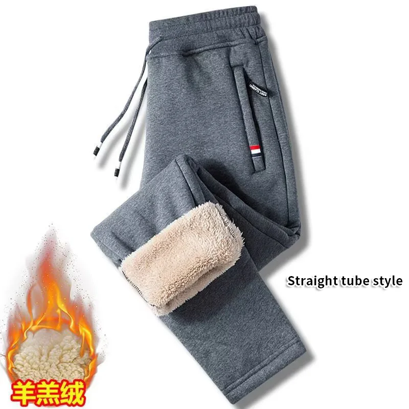 Calças casuais quentes grossas de outono e inverno masculinas, lã de cordeiro na moda tubo reto solto bolso com zíper calças esportivas, calças de algodão