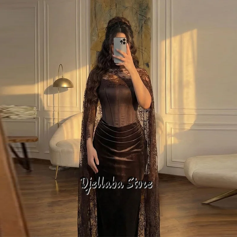 

Luxury Brown Evening Dresses Lace Shawl Pleated Mermaid Prom Dresses Sleeveless Velvet Formal Dubai Prom Gowns Customized