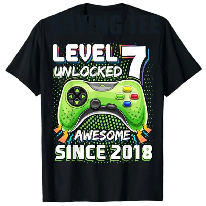 7th Birthday Boy T-Shirt Level 7 Unlocked Since 2018 Gamer 7-Year Old Video Game Controller Party Saying Tee Sons Nephew Gifts