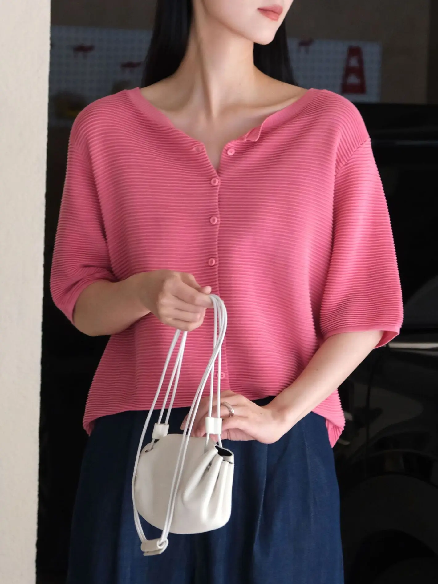 

Summer Commute OL Loose Knitted Short Sleeve T-Shirt Women's Open Cardigan Silk Texture Lazy Relaxing Style Five-Quarter Length