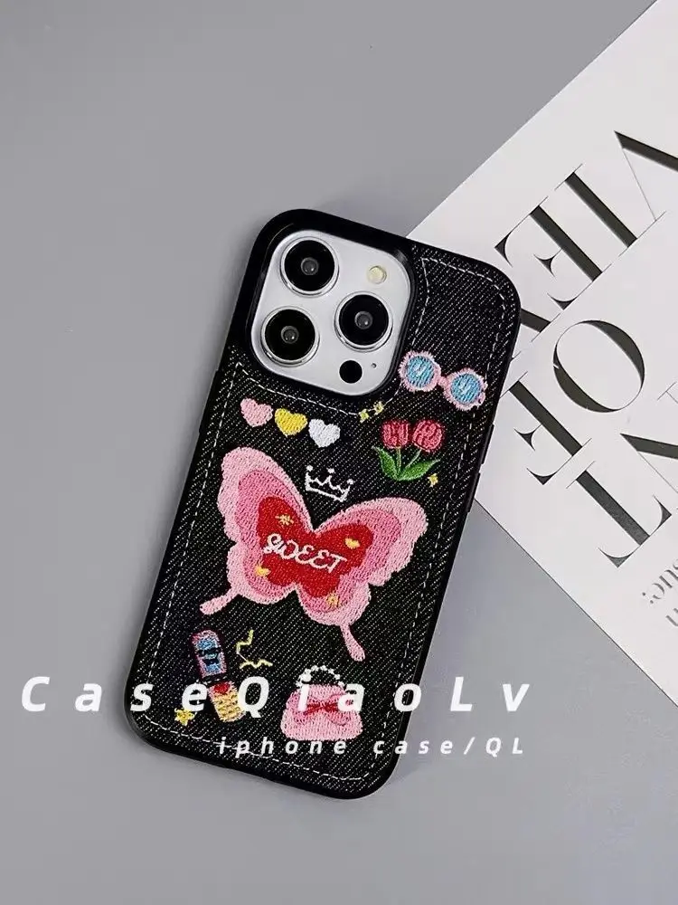 Embroider Flower Love Butterfly iPhone Cases for IPhone 11 12 13 14 Pro Max IPhone Korean Vintage Black White Denim Phone Case