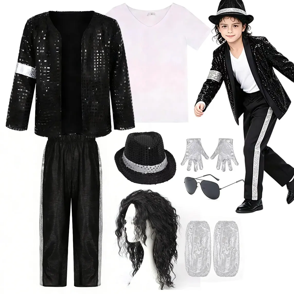 Kid GOAT Singer Pop Icon Cosplay 6PCS Costume Black Sequin Jacket+T-shirt+Pants+Hat+Glove Socks Halloween Cosplay Michacl Outfit