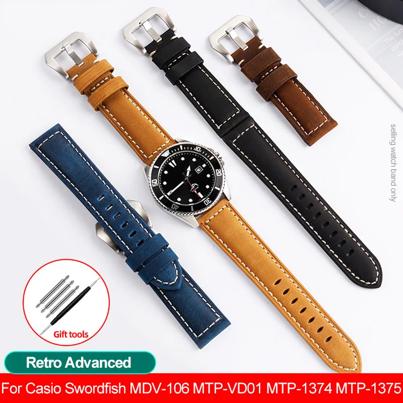 

For Casio Swordfish MDV-106 MTP-VD01 MTP-1374 EFR-303L/304 Seiko Water Ghost Vintage Mad Horse Leather Watchband Man'sBrown Blue