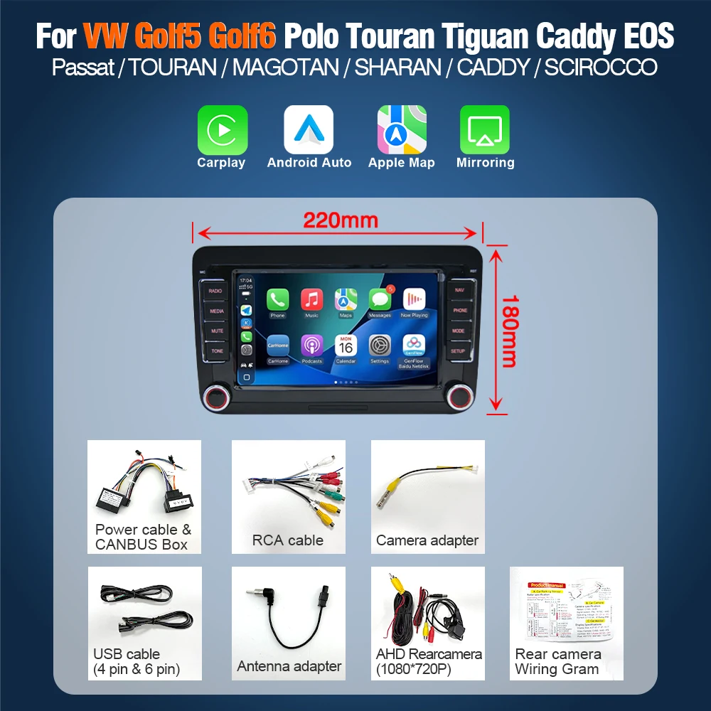 AUTOTOP 7" 1024*600P Auto Multimedia Speler voor Volkswagen VW Golf Passat JETTA Skoda SEAT met draadloze CarPlay Android Auto BT