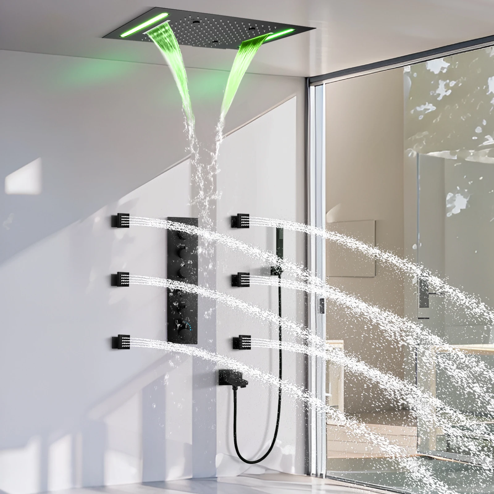 

Ceiling mounted shower system, bathroom rainwater mixed shower set, handheld modern square black rainwater shower nozzle