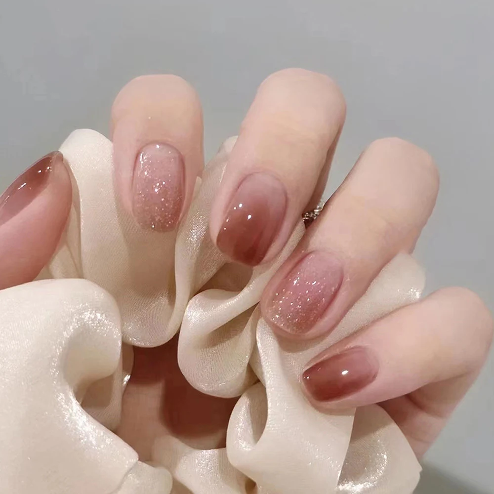 24Pcs Caramel Gradient Wear Nail Piece High Sense Of Pure Desire Ice Transparent Color Wear Nail Blush Removable False Nails