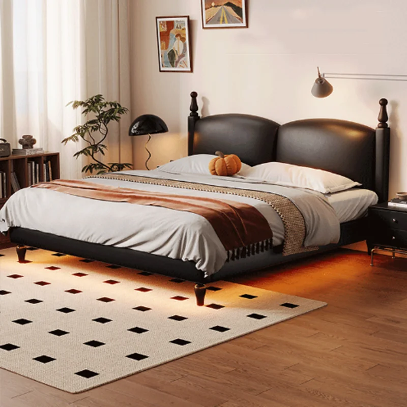 

Backrest Leather Double Bed Lights Set Luxury Black Modern Hotel Bedroom Beds King Loft Wooden Big Cama De Casal Home Furniture